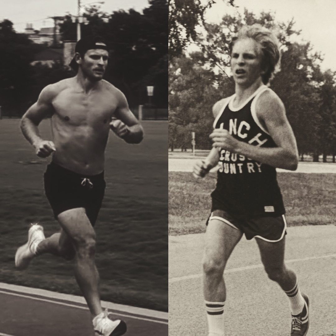 Vince and his father running toward each other, converging in the middle.